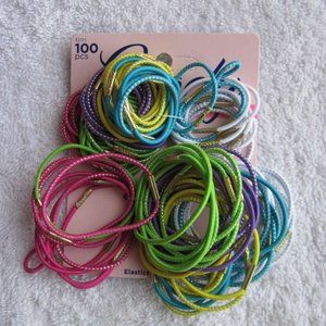 100 Goody Elastic Tinsel Woven Thin Medium Large W/ Metal Ponytailer Hair Bands